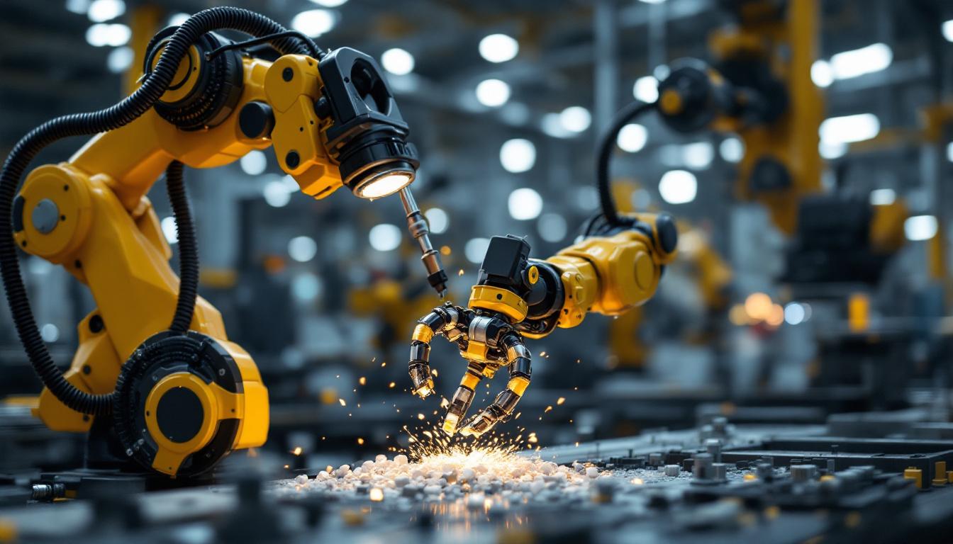 A photograph of a dynamic industrial robotic arm in action