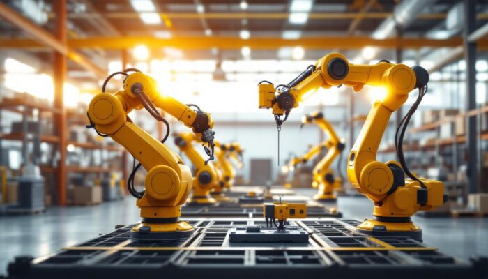 A photograph of a modern small warehouse space showcasing industrial robots in action