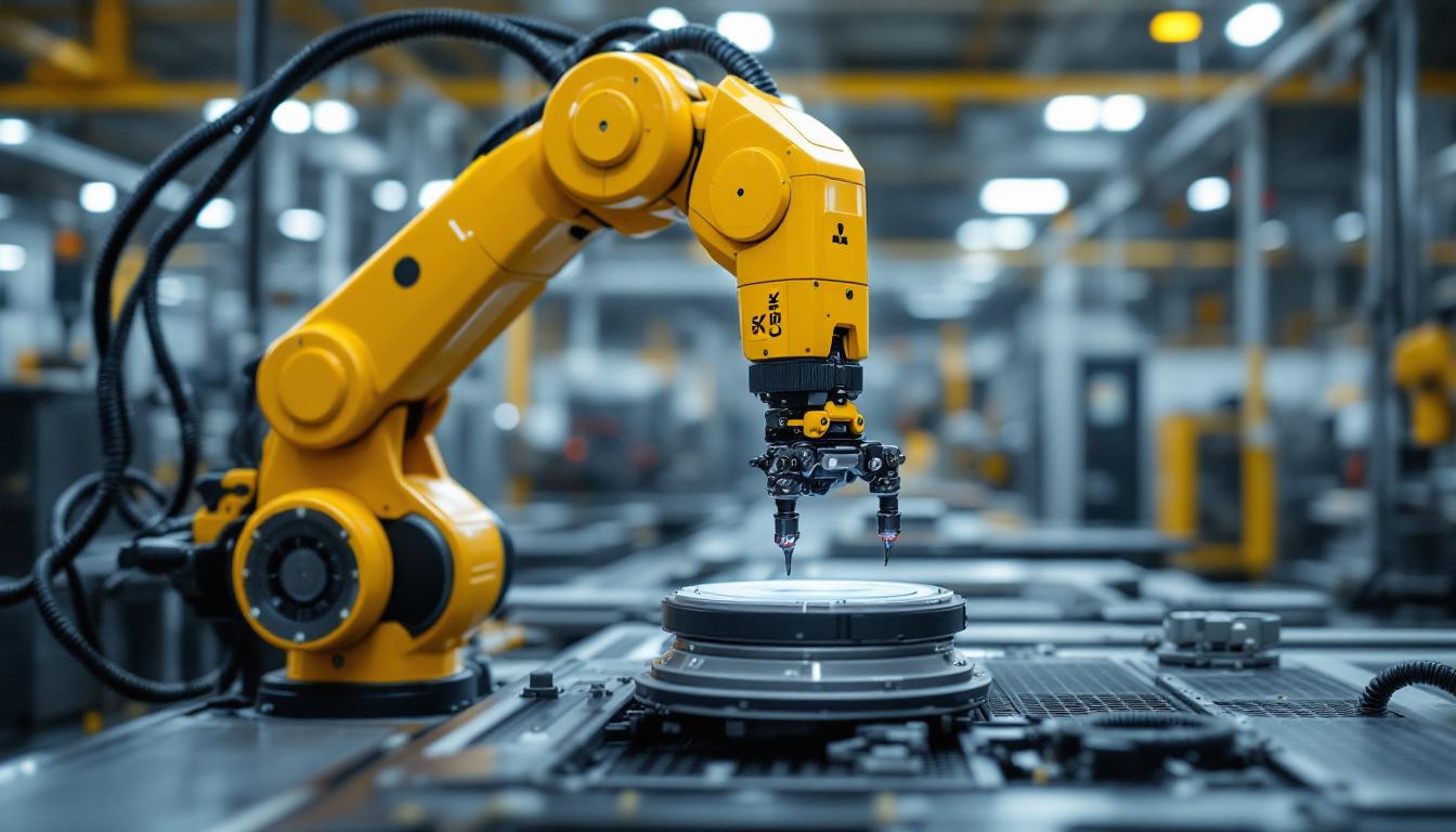 A photograph of a sleek industrial robotic arm in action