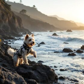 A photograph of a playful dog exploring the rugged coastline of big sur