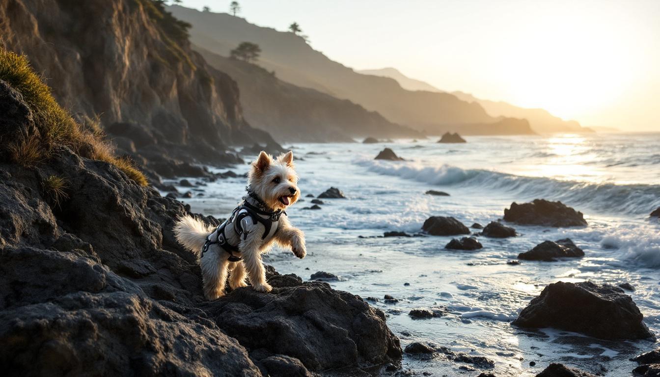 A photograph of a playful dog exploring the rugged coastline of big sur