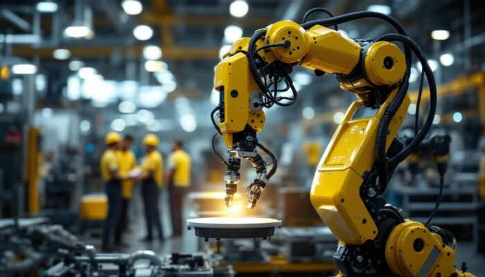A photograph of a modern industrial robot in action on a factory floor