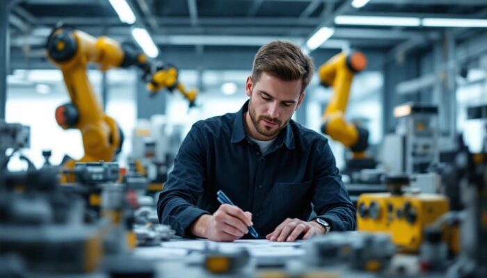 A photograph of a skilled medical device design engineer working collaboratively in a modern lab