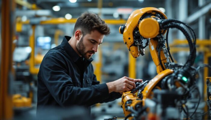 A photograph of a robotics technician working hands-on with an industrial robot