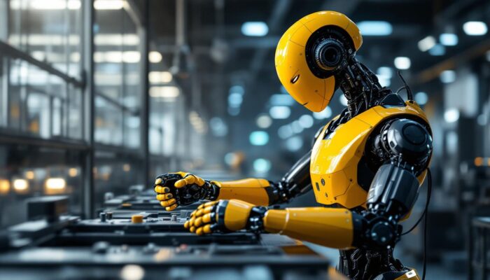 A photograph of a sleek industrial robot in action within a modern manufacturing environment