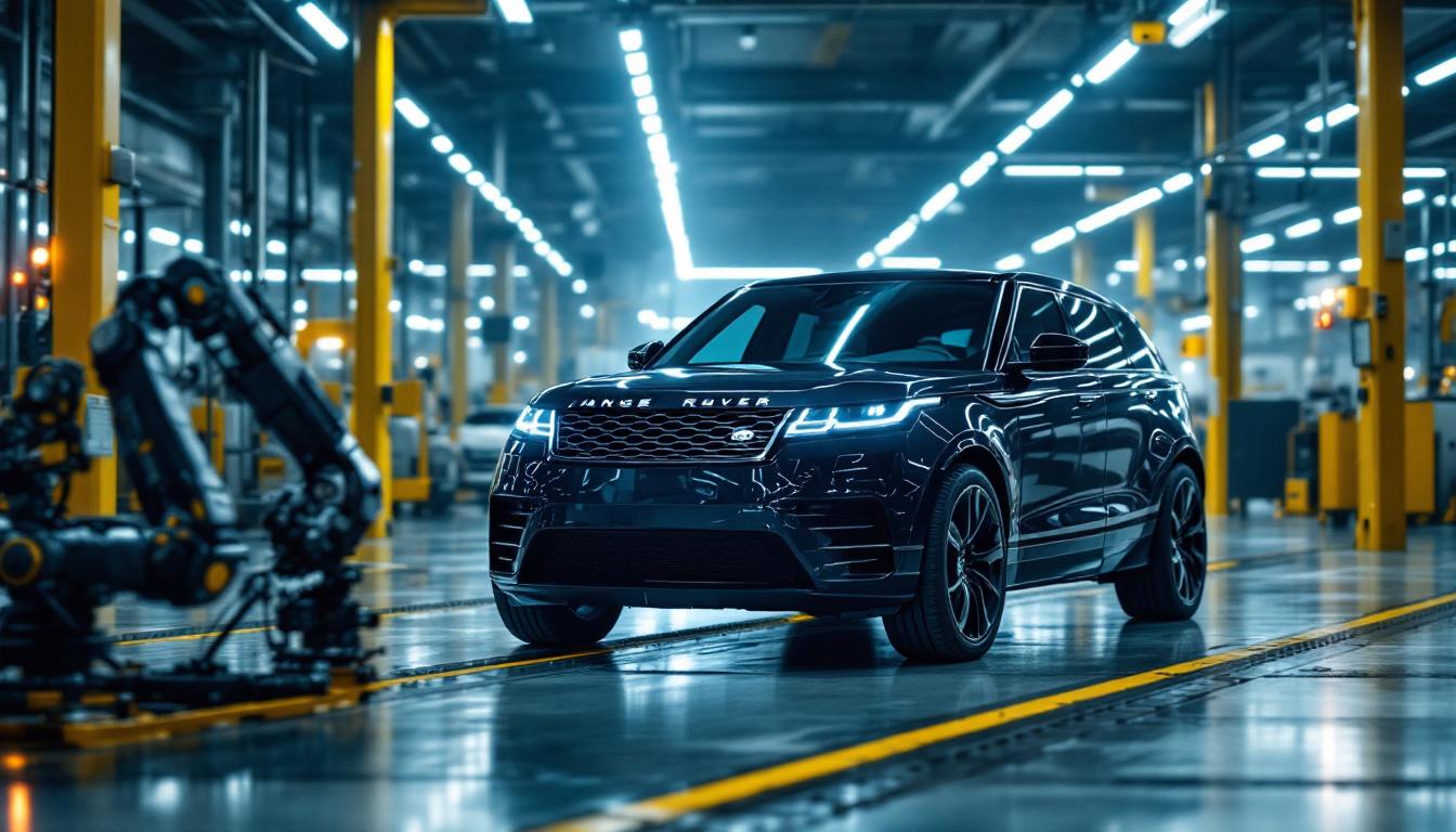 A photograph of a sleek range rover positioned in an industrial setting