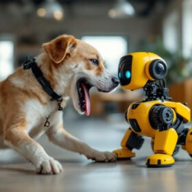 A photograph of a playful dog interacting with an industrial robotic toy in a spacious