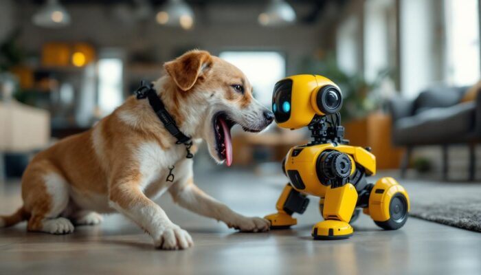 A photograph of a playful dog interacting with an industrial robotic toy in a spacious