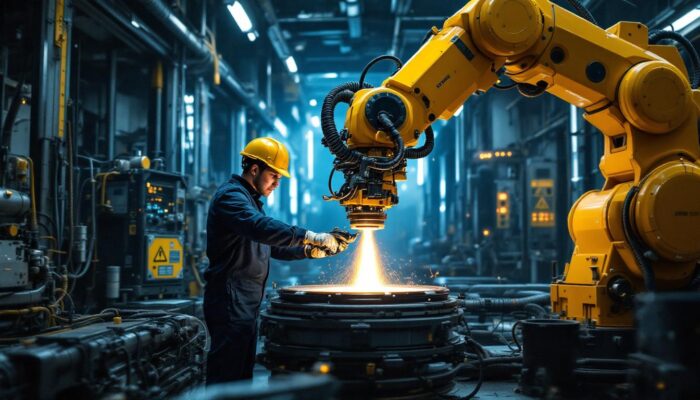 A photograph of a futuristic industrial setting where a skilled technician operates an advanced mining laser on a robotic arm