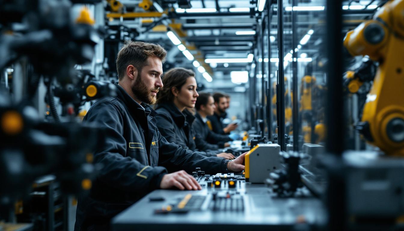 A photograph of a skilled principal systems engineer collaborating with a team in a high-tech industrial setting