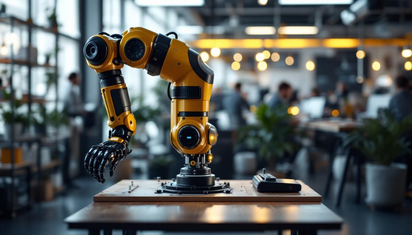 A photograph of a sleek industrial robot in action within a modern workspace