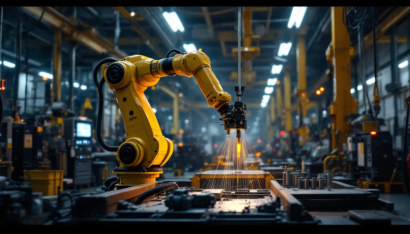 A photograph of a bustling industrial setting that showcases a robotic arm in action