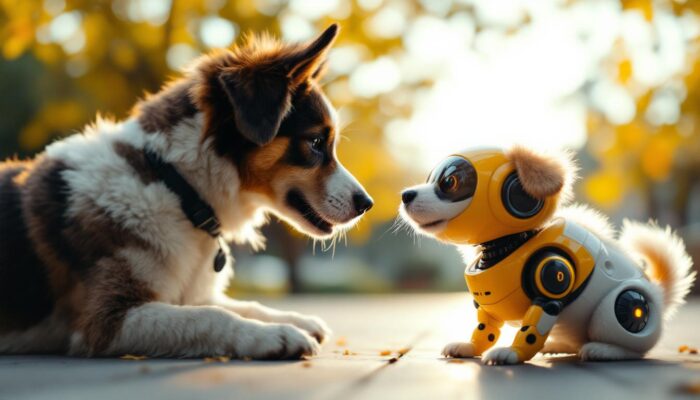 A photograph of a playful dog interacting with a futuristic robotic device