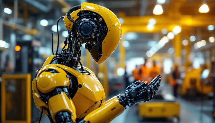 A photograph of a sleek industrial robot in action