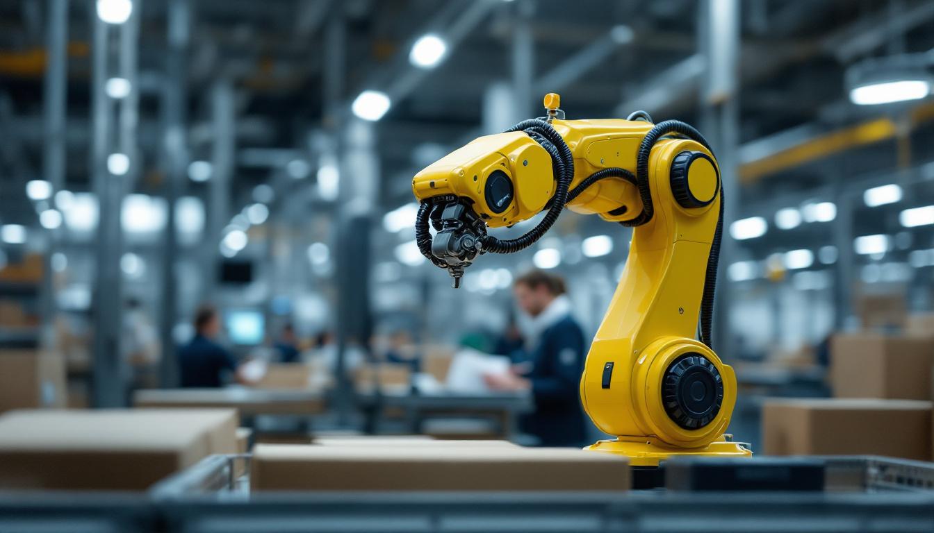 A photograph of capture a photograph of a sleek industrial robotic arm in action within the argos post office setting