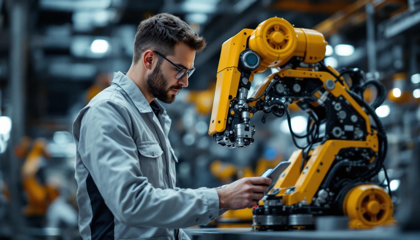 A photograph of a skilled electrical engineer programming or troubleshooting an industrial robot in a modern manufacturing environment
