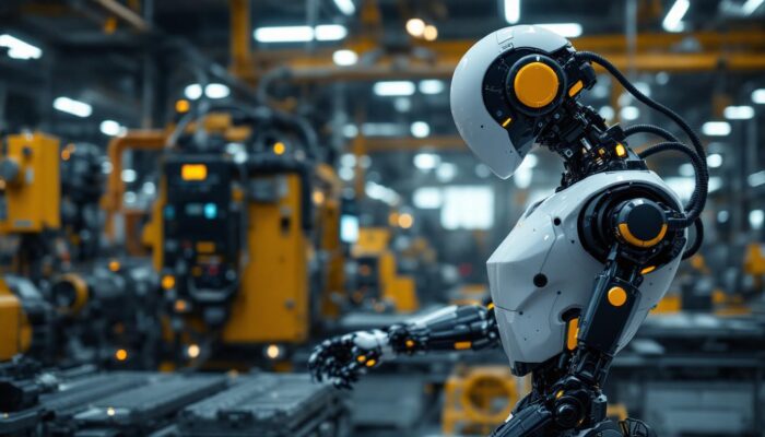 A photograph of a sleek industrial robot in action within a modern energy facility