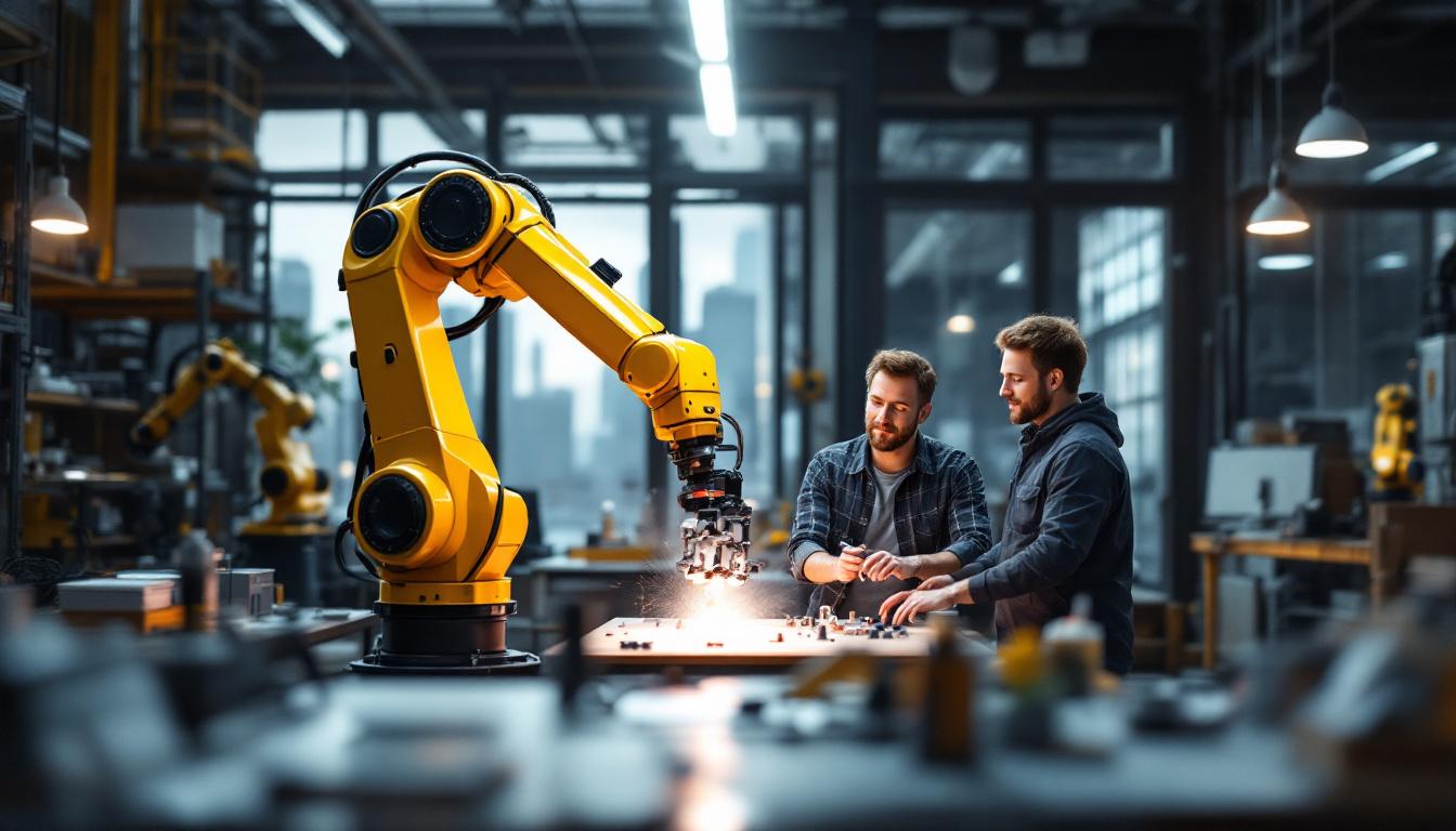 A photograph of a dynamic industrial robotics workspace in boston