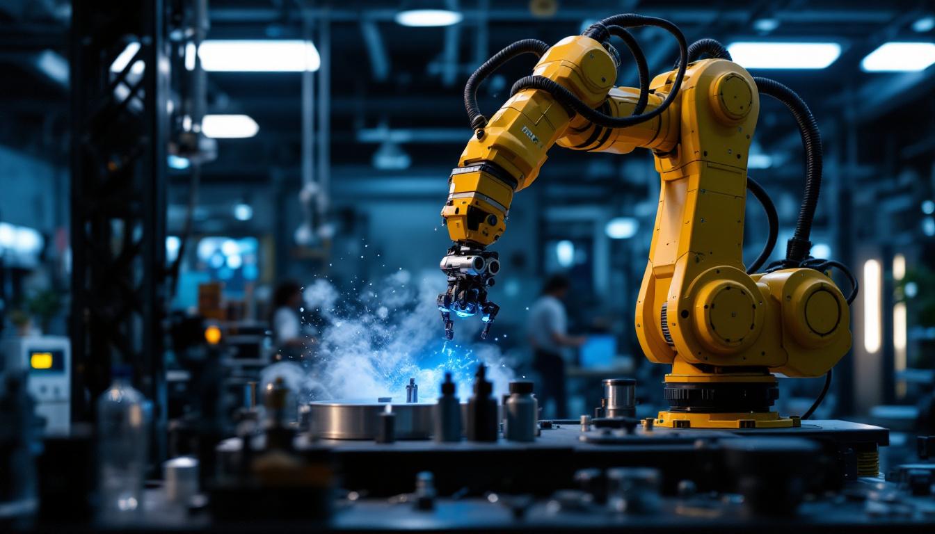 A photograph of a dynamic industrial robotic arm in action at the museum of the moving image