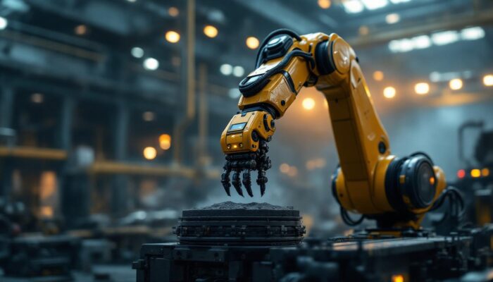 A photograph of a sleek industrial robotic arm in action