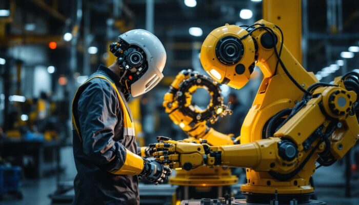 A photograph of a dynamic industrial robot in action within a manufacturing environment