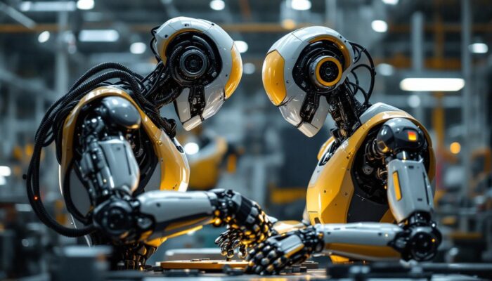 A photograph of a sleek industrial robot in action within a modern manufacturing facility