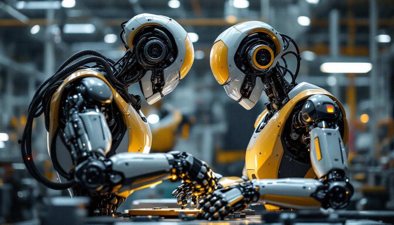 A photograph of a sleek industrial robot in action within a modern manufacturing facility