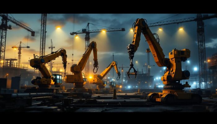 A photograph of a dynamic construction site at dusk
