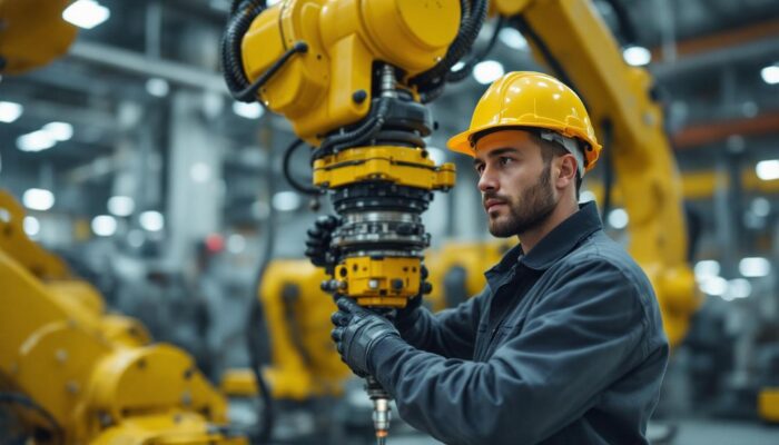 A photograph of a skilled technician working on an industrial robotic arm in a modern manufacturing facility