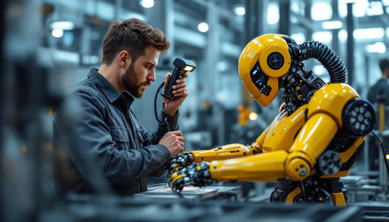 A photograph of a skilled technician programming or operating an industrial robot in a modern manufacturing facility