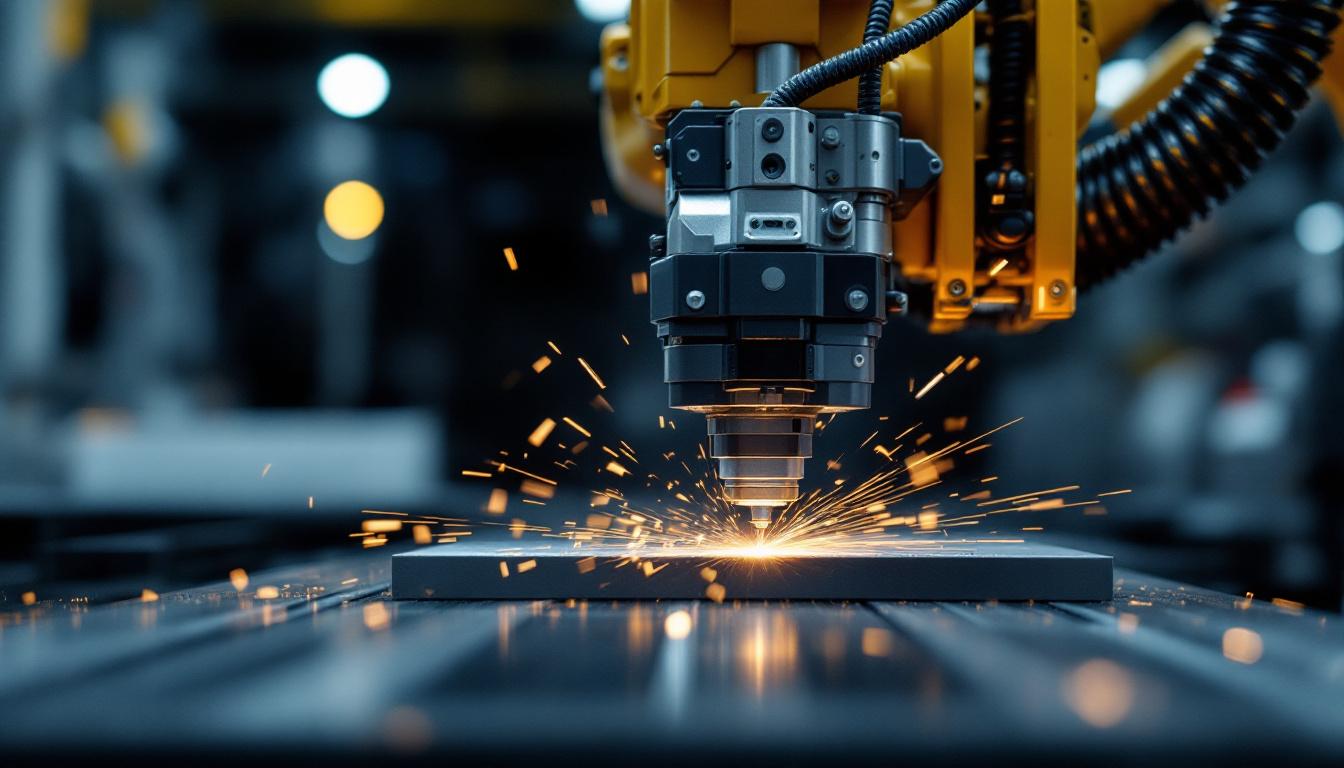 A photograph of a skilled technician operating a state-of-the-art industrial robotic arm while it precisely maneuvers a laser cutting tool over a metal surface