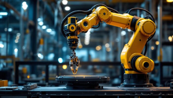 A photograph of a sleek industrial robotic arm equipped with a high-resolution camera