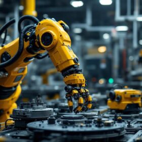 A photograph of a dynamic industrial robot in action within a manufacturing environment