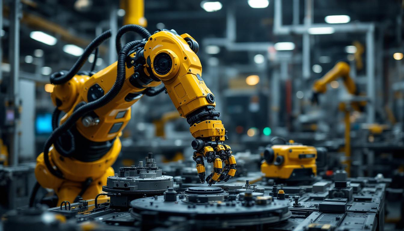 A photograph of a dynamic industrial robot in action within a manufacturing environment