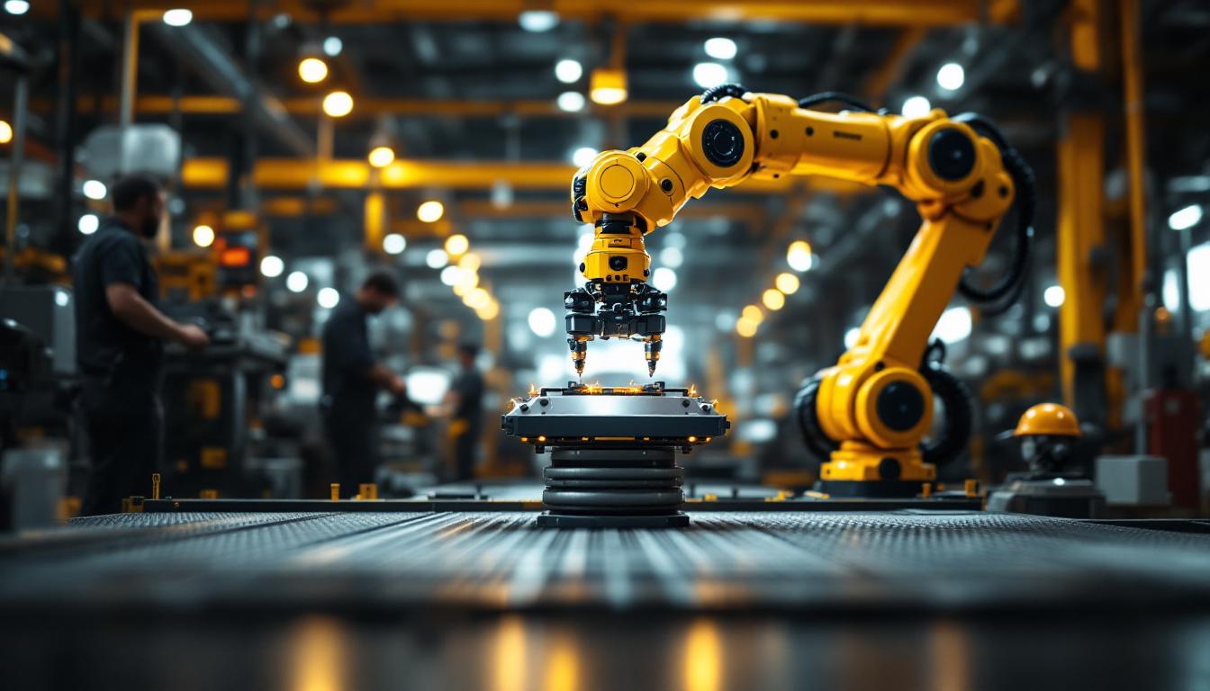A photograph of a dynamic industrial scene featuring a robotic arm in action within a factory setting