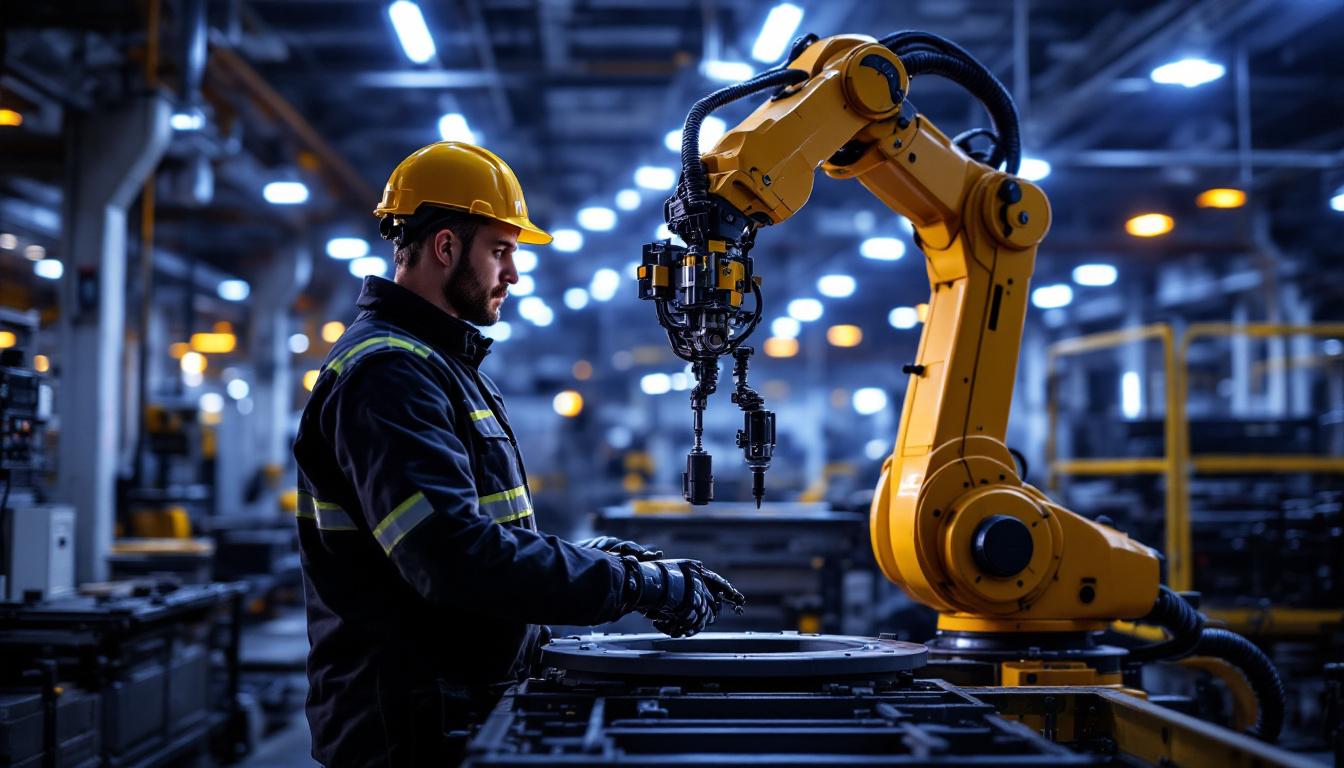A photograph of a skilled technician operating an industrial robot in a modern manufacturing facility