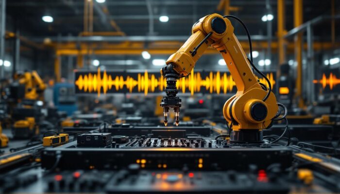 A photograph of a dynamic industrial setting featuring a robotic arm in action