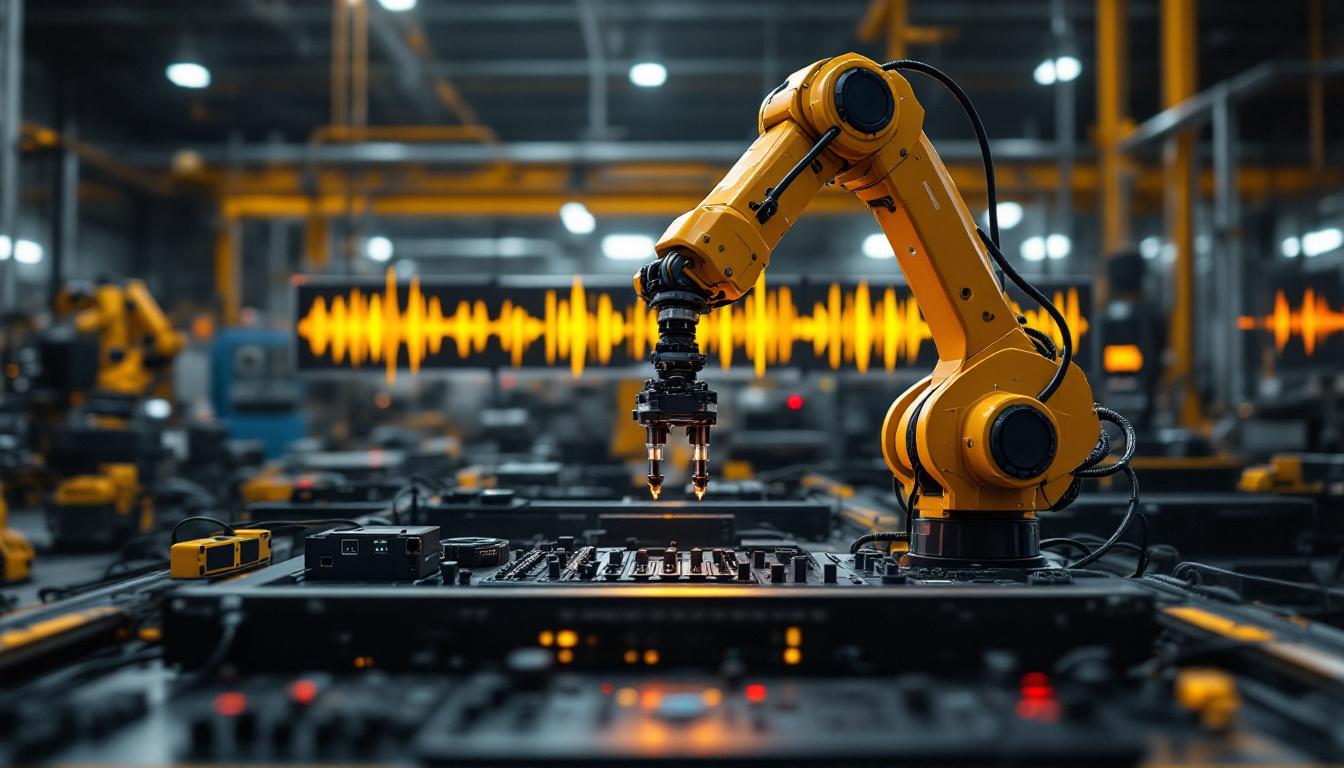 A photograph of a dynamic industrial setting featuring a robotic arm in action