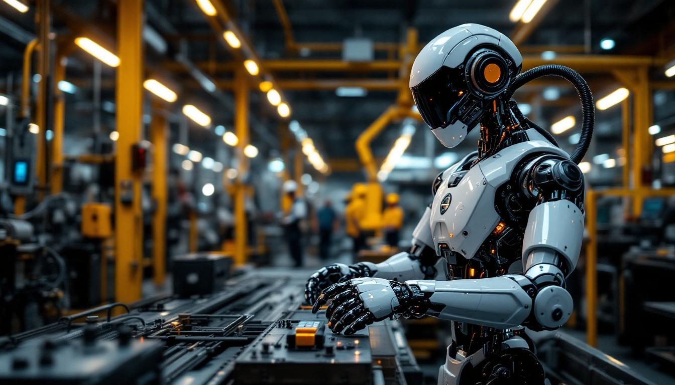 A photograph of a modern industrial robot in action on a factory floor