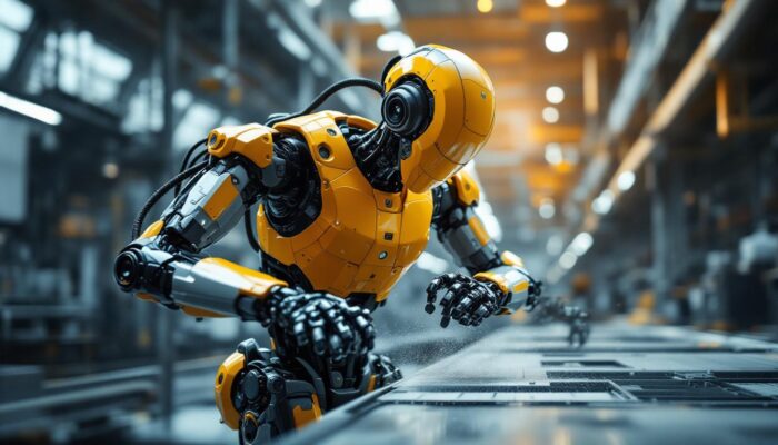 A photograph of a sleek industrial robot in action