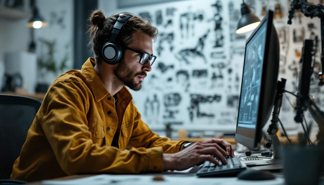 A photograph of a skilled robotic designer working intently at a computer