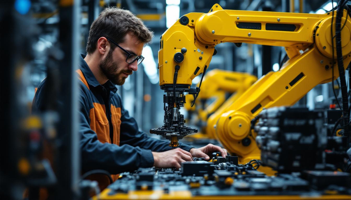 A photograph of a computer hardware engineer working on an industrial robotic system