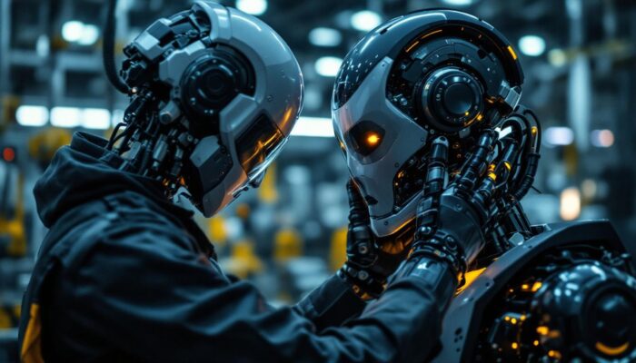 A photograph of a skilled technician performing maintenance on a sleek industrial robot in a modern manufacturing facility