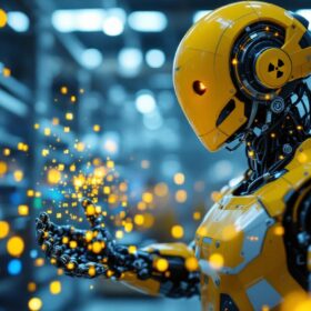 A photograph of a high-tech industrial robot in action