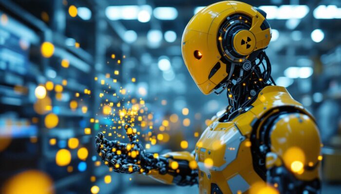 A photograph of a high-tech industrial robot in action