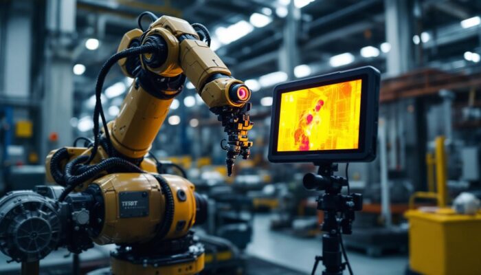A photograph of a robotic arm equipped with an infrared camera in an industrial setting
