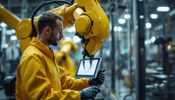 A photograph of a skilled technician programming or operating an industrial robot in a modern manufacturing facility