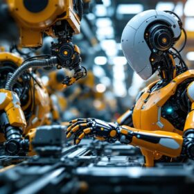 A photograph of a sleek industrial robot in action