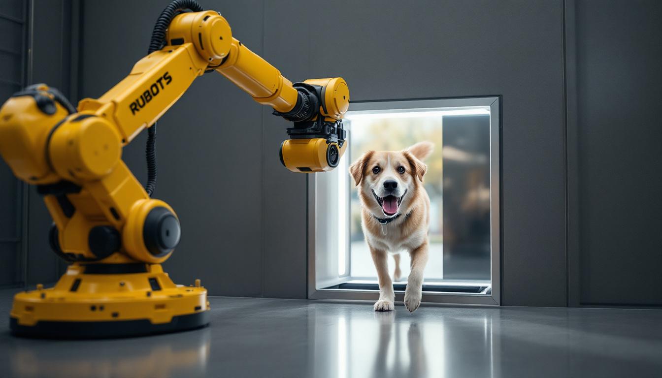 A photograph of capture a photograph of an industrial robotic arm seamlessly integrating with a sleek automatic dog door