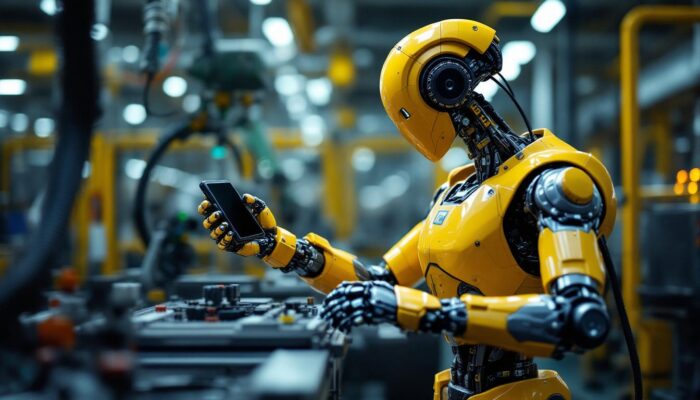 A photograph of a sleek industrial robot in action within a manufacturing environment